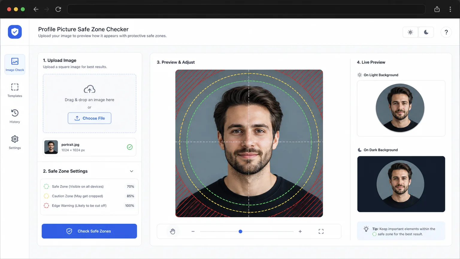 Profile Picture Safe Zone Checker upload panel with a portrait and circular safe-zone rings
