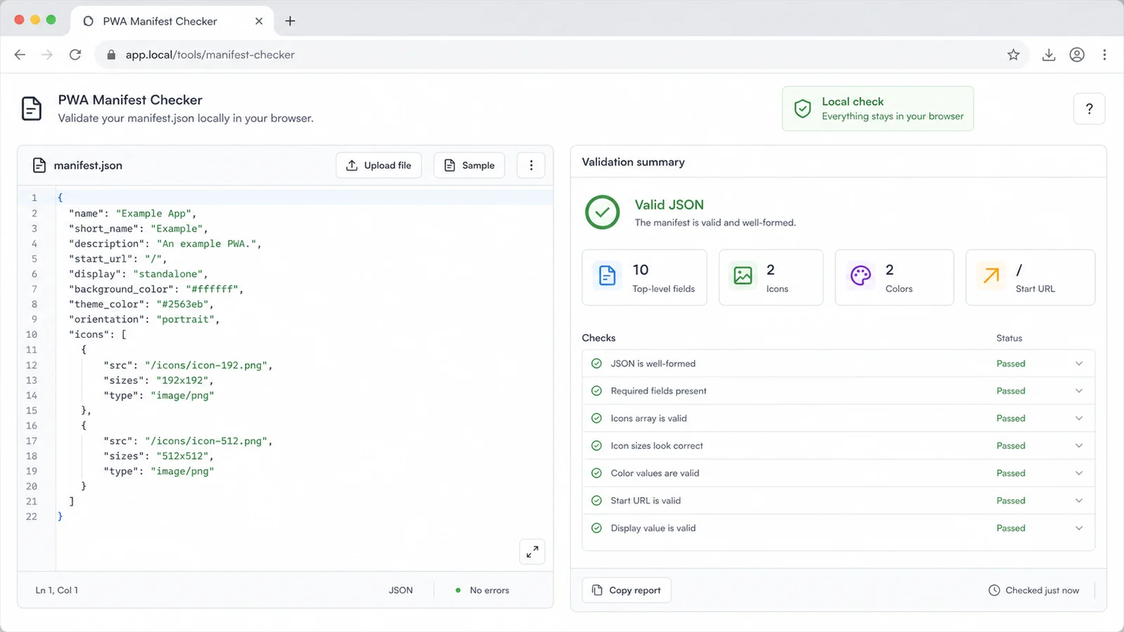 PWA Manifest Checker interface showing a local manifest JSON editor and validation summary