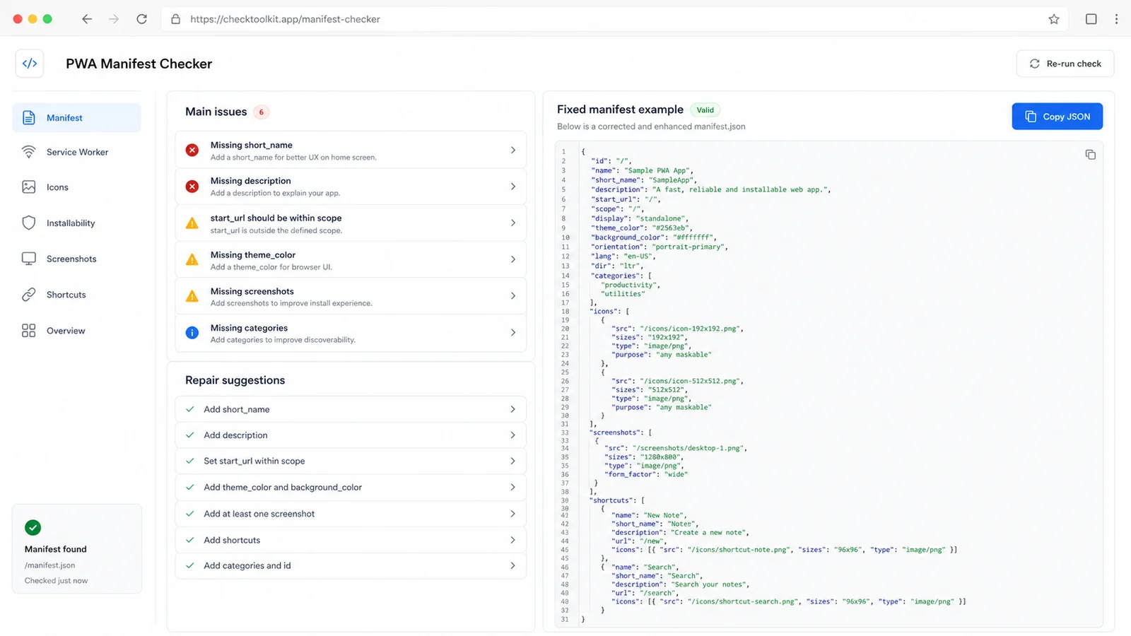 PWA Manifest Checker repair workflow with issues suggestions and a copyable fixed manifest example