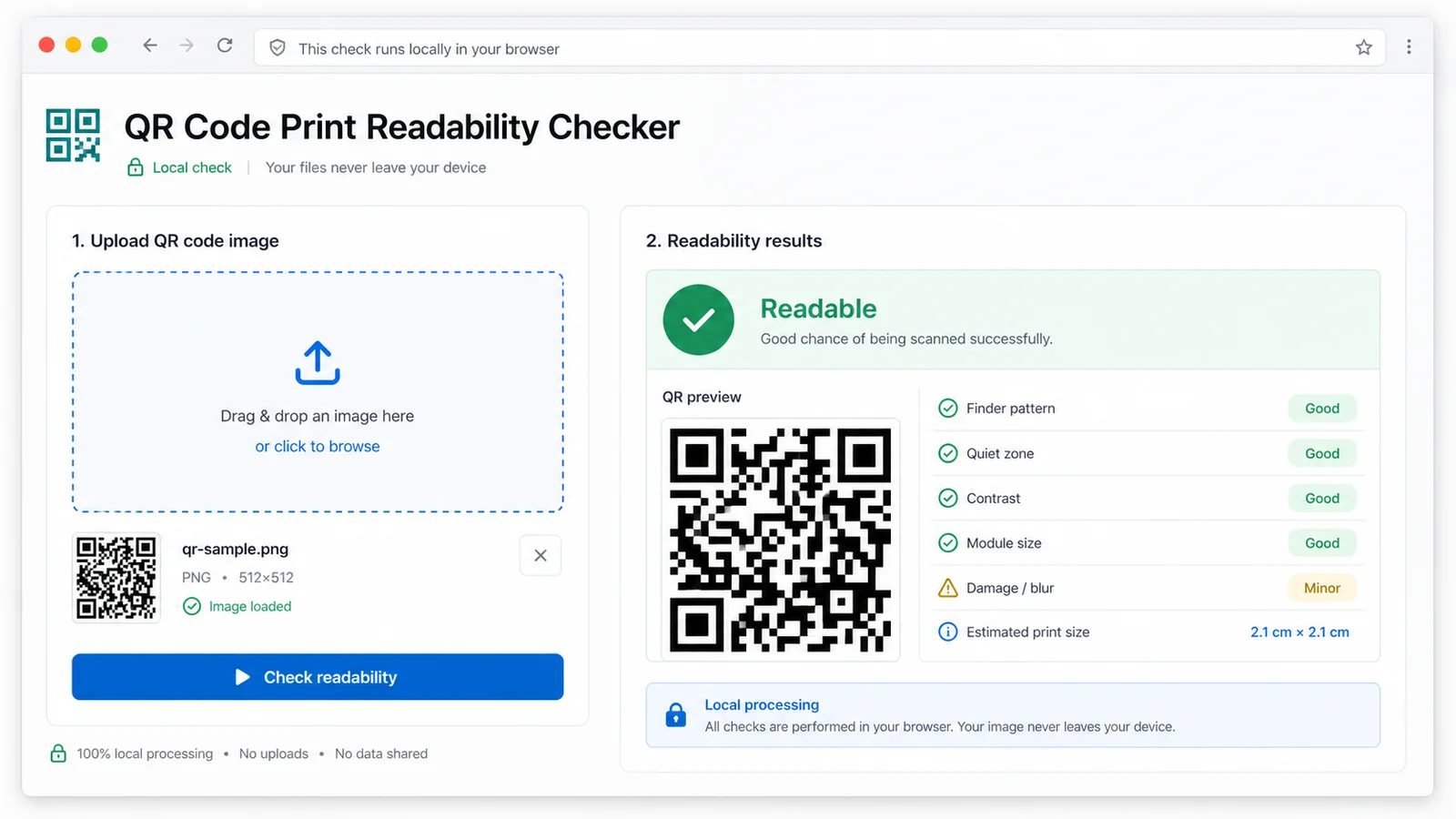 QR upload panel with local browser privacy notice and readable result