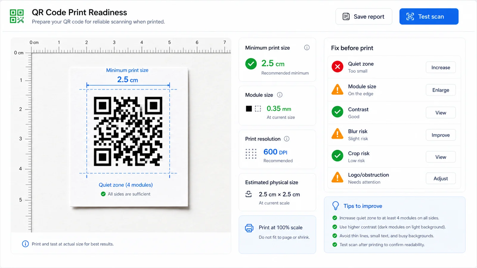 QR print readiness workflow with ruler, minimum size and repair suggestions