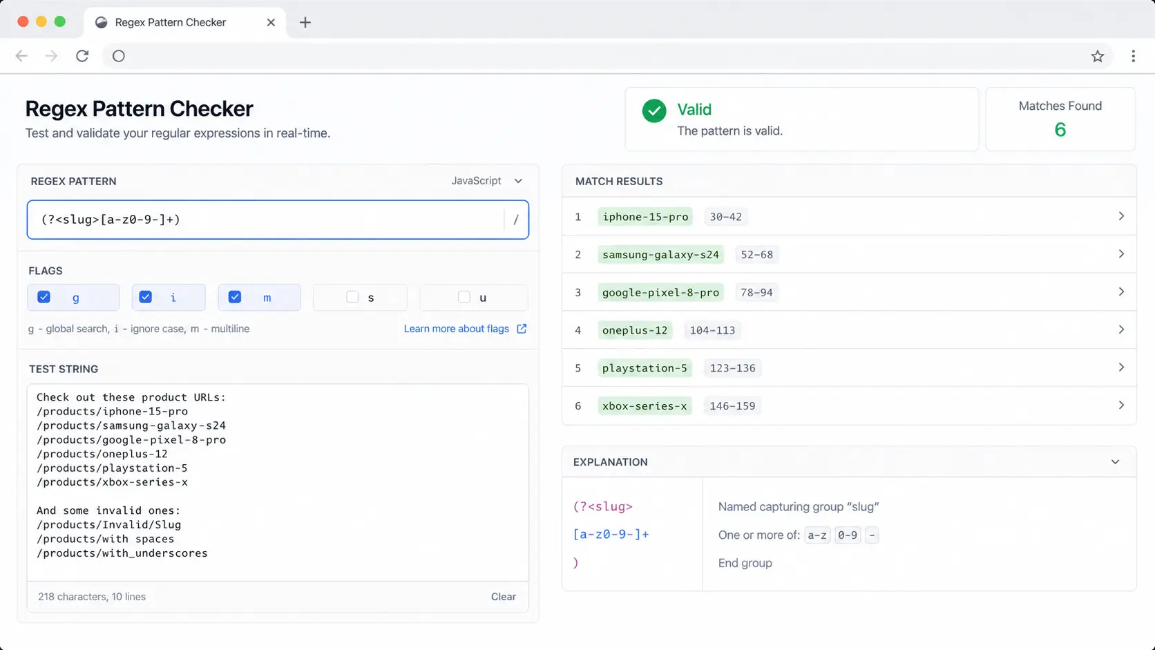 Regex Pattern Checker interface showing a valid JavaScript regex pattern, flags and match count
