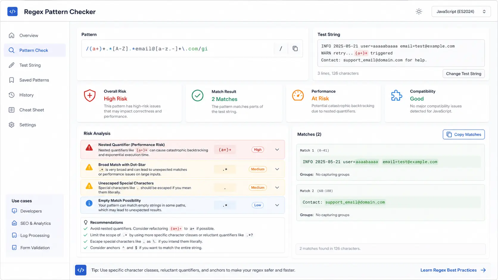 Regex Pattern Checker risk dashboard showing dot-star, nested quantifier and copy match warnings
