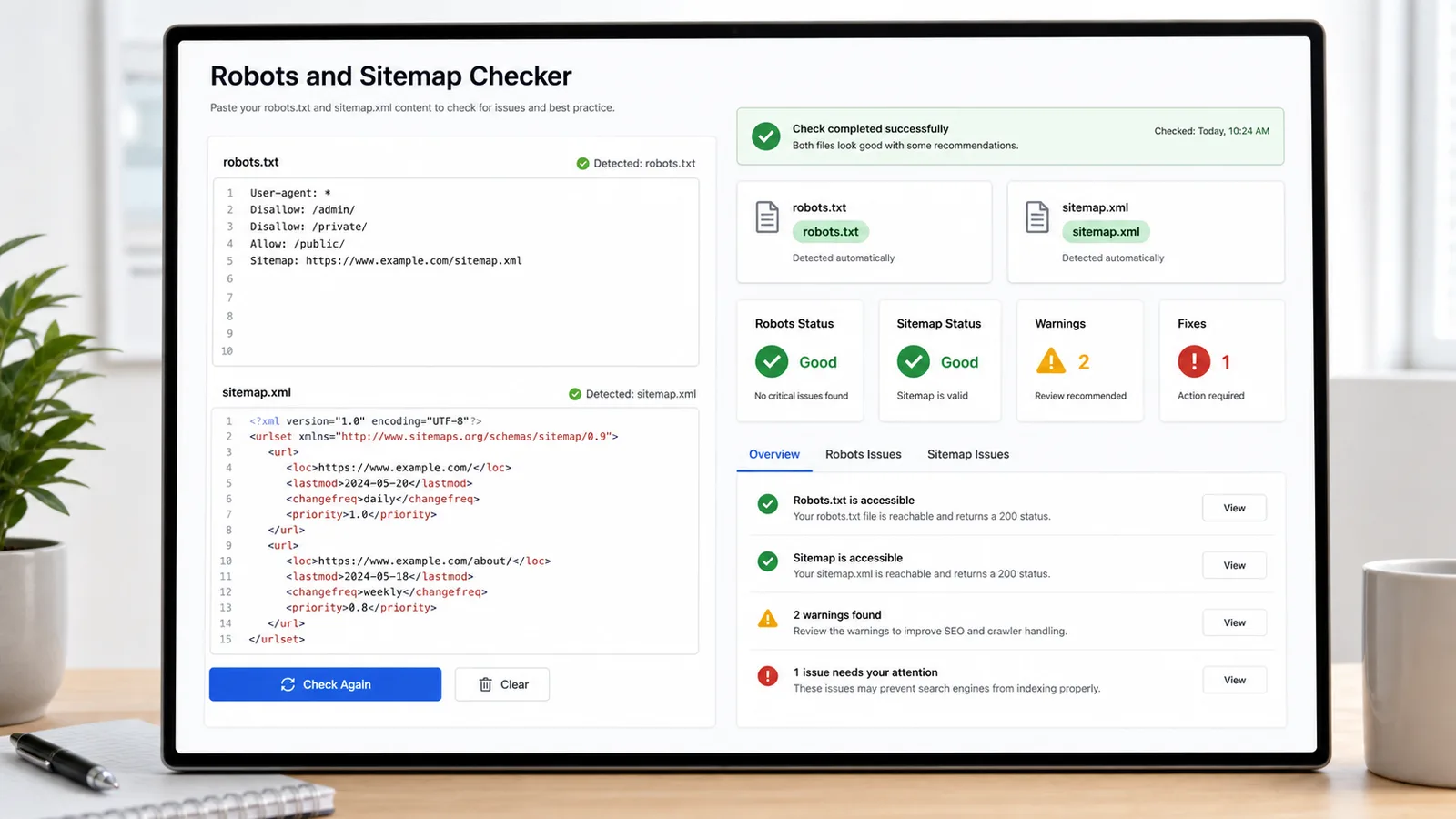 Robots and Sitemap Checker interface detecting pasted robots.txt and sitemap.xml content with issue summary cards