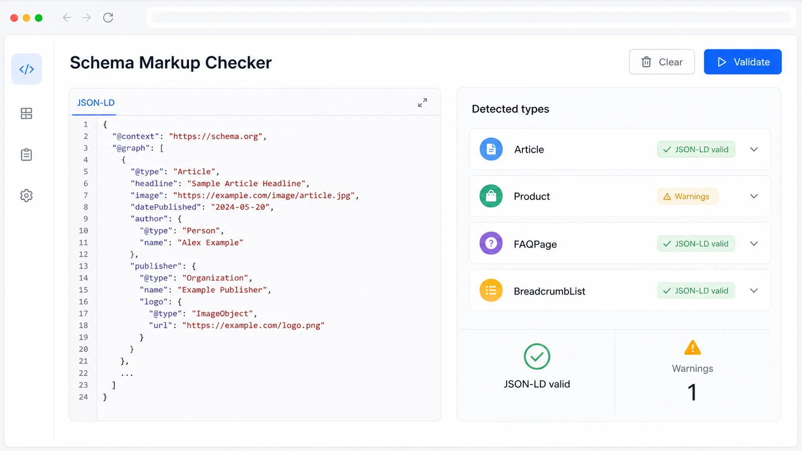 Schema Markup Checker interface parsing JSON-LD and showing detected Article Product FAQPage and BreadcrumbList types
