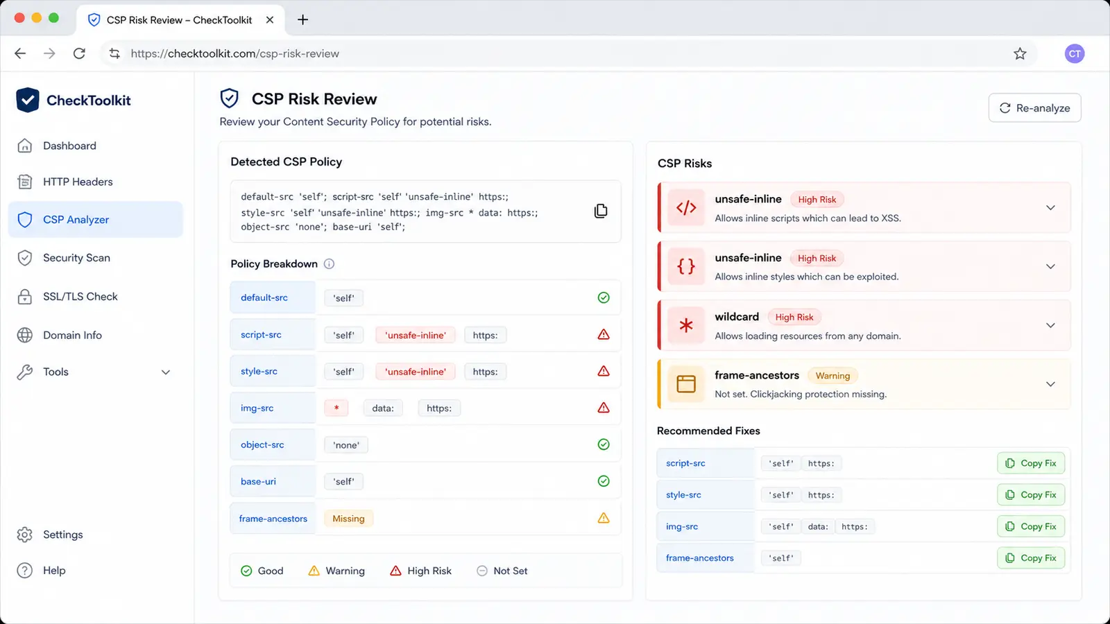 Security Headers and CSP Checker CSP risk dashboard with unsafe-inline and wildcard findings