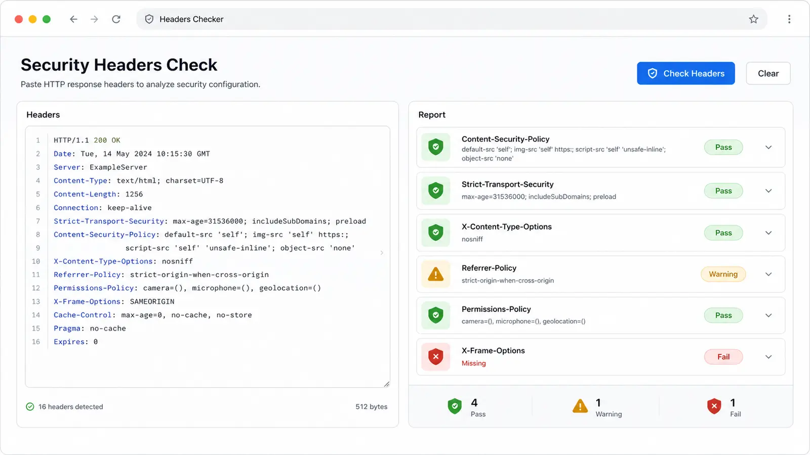 Security Headers and CSP Checker interface with pasted HTTP headers and status cards