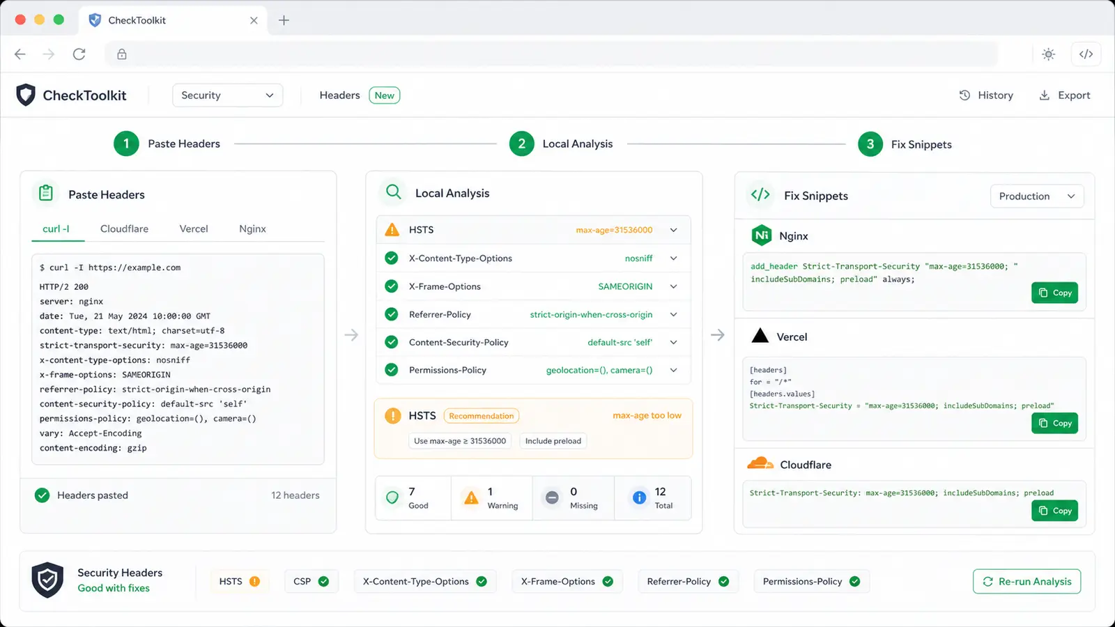 Security Headers and CSP Checker workflow showing local analysis and copyable fix snippets