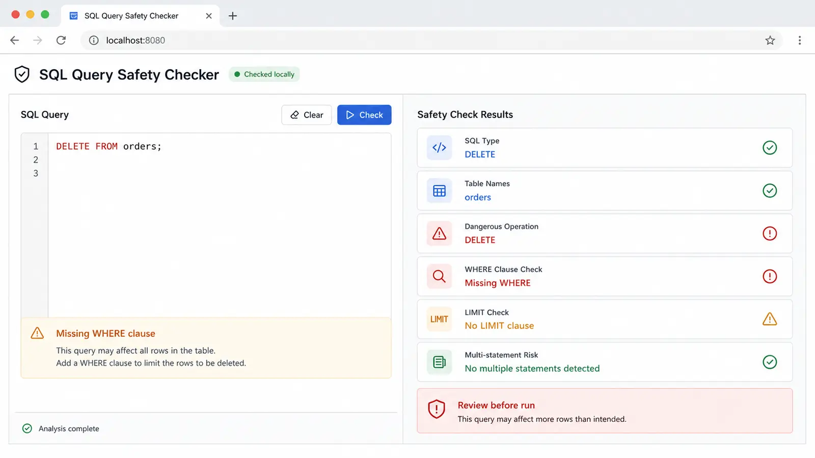 Browser tool showing pasted SQL and a local safety summary