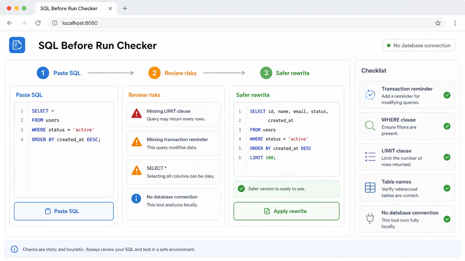 SQL before-run checklist showing paste, review and safer rewrite steps