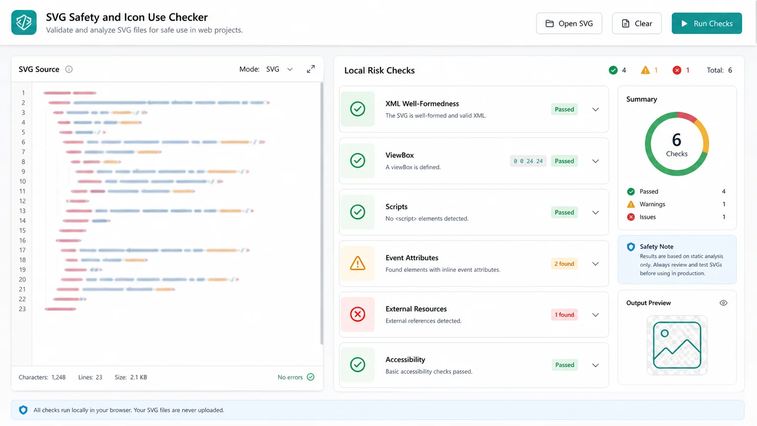 SVG Safety and Icon Use Checker interface with SVG code input and local risk checks