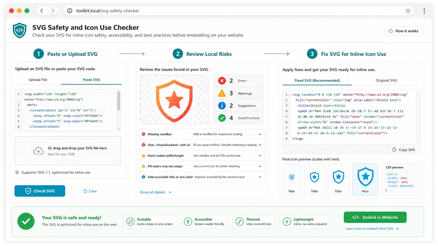 SVG Safety and Icon Use Checker workflow from paste or upload to local risks and inline icon fixes
